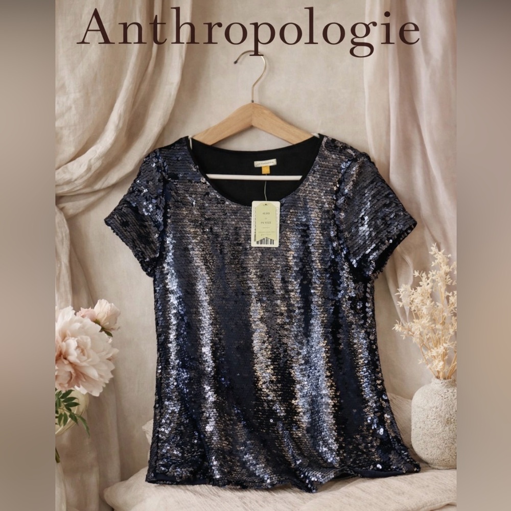 leifsdottir Anthropologie Marine Navy Sequin Short Sleeve Top Size Small